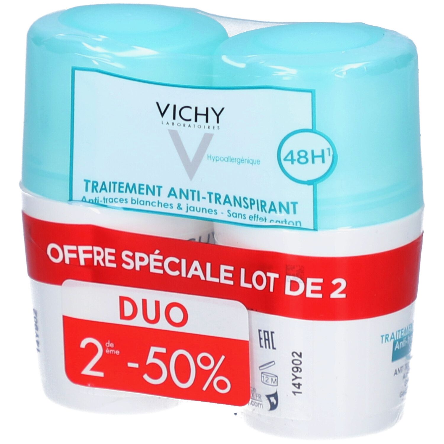 Lot de deux roll-ons Vichy Anti-Transpirant 48H. Emballage plastique. Inscriptions: Offre Spéciale Lot de 2, Duo 2ème -50%.