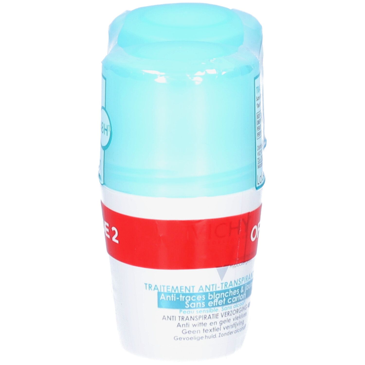 Roll-on Vichy Anti-Transpirant. Emballage individuel. Bande rouge avec inscriptions. Bouchon bleu.