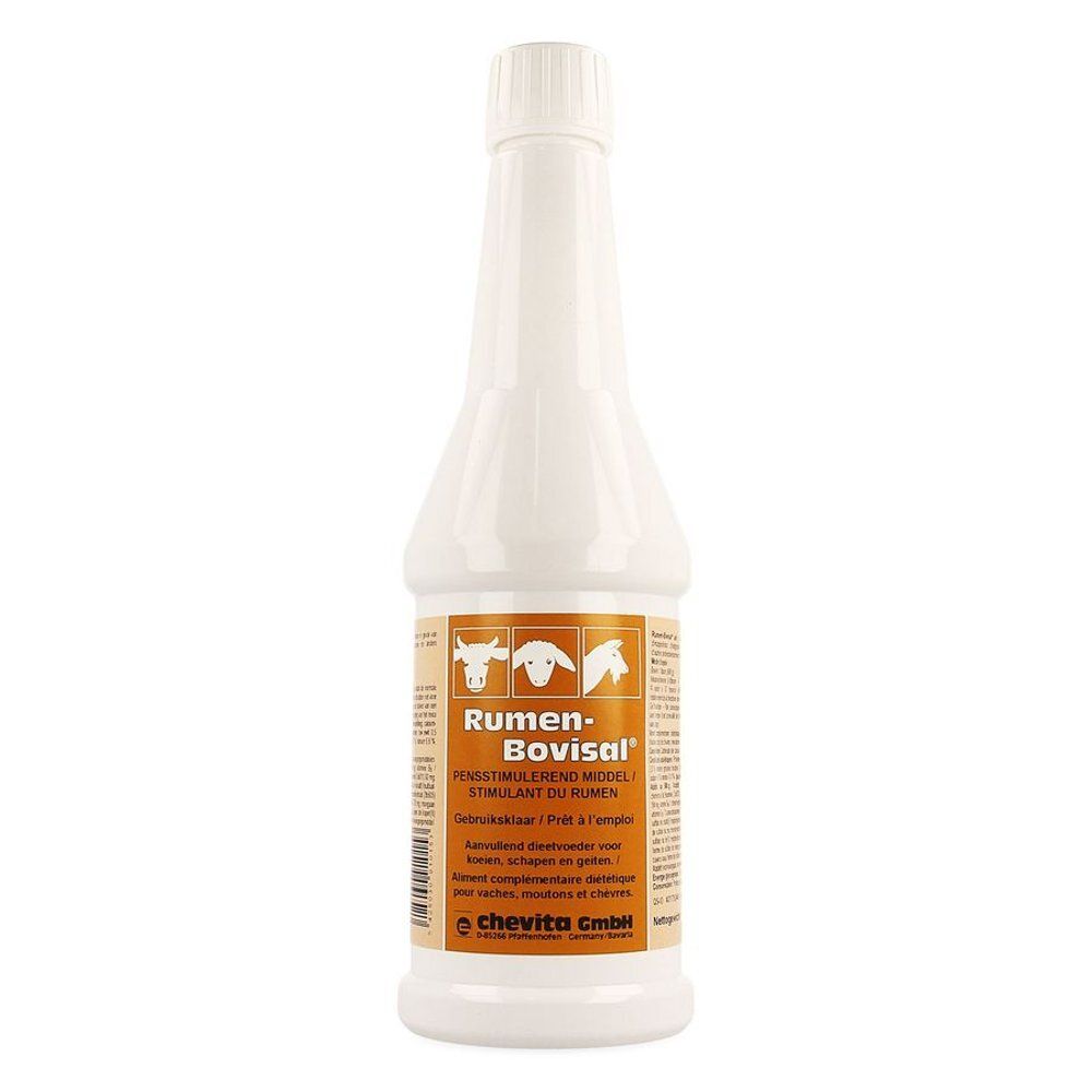 Flacon blanc avec bouchon blanc. Étiquette avec nom du produit Rumen-Bovisal et logos. Fabricant : Chevita GmbH.