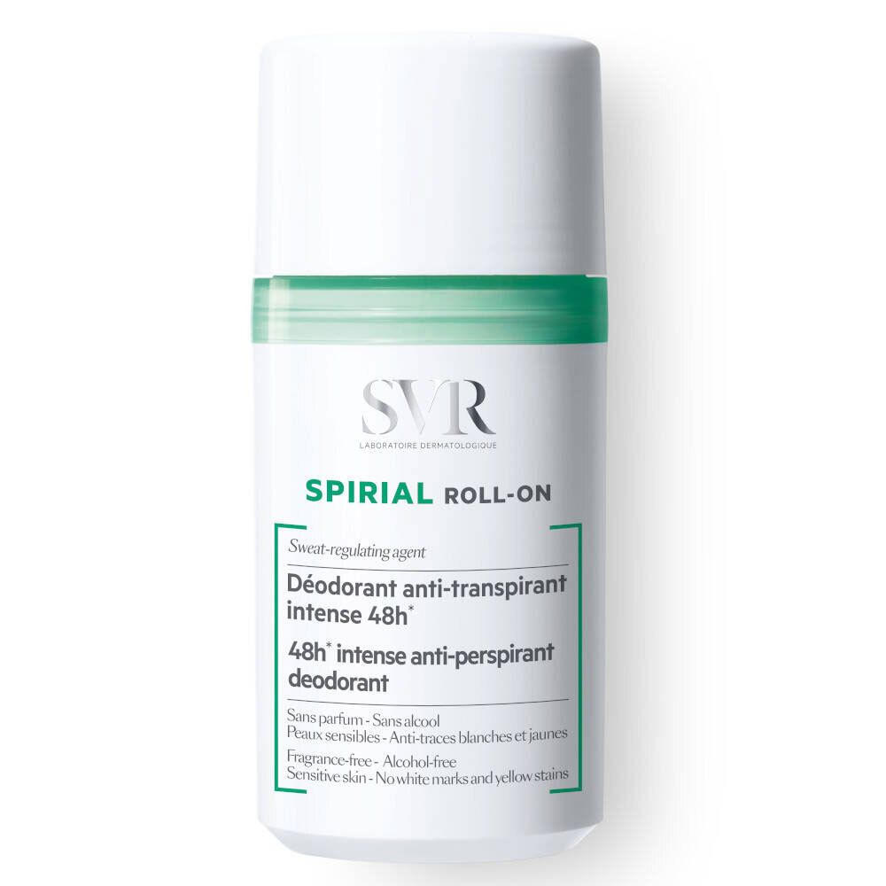 Witte roll-on deodorant met groene accenten. Opschrift: SVR, SPIRIAL ROLL-ON, Déodorant anti-transpirant intense 48h.