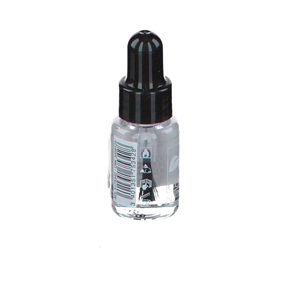Vernis à ongles transparent en flacon de verre avec bouchon noir et applicateur. Code-barres et informations produit.