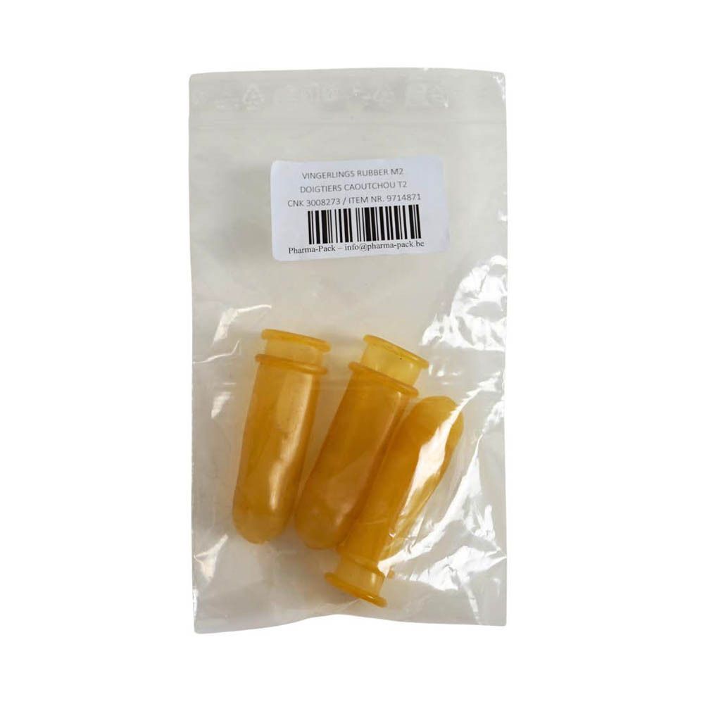 Drie vingertoppen van rubber in een transparante verpakking. Gelige kleur, cilindrische vorm met gele rand. Etiket.