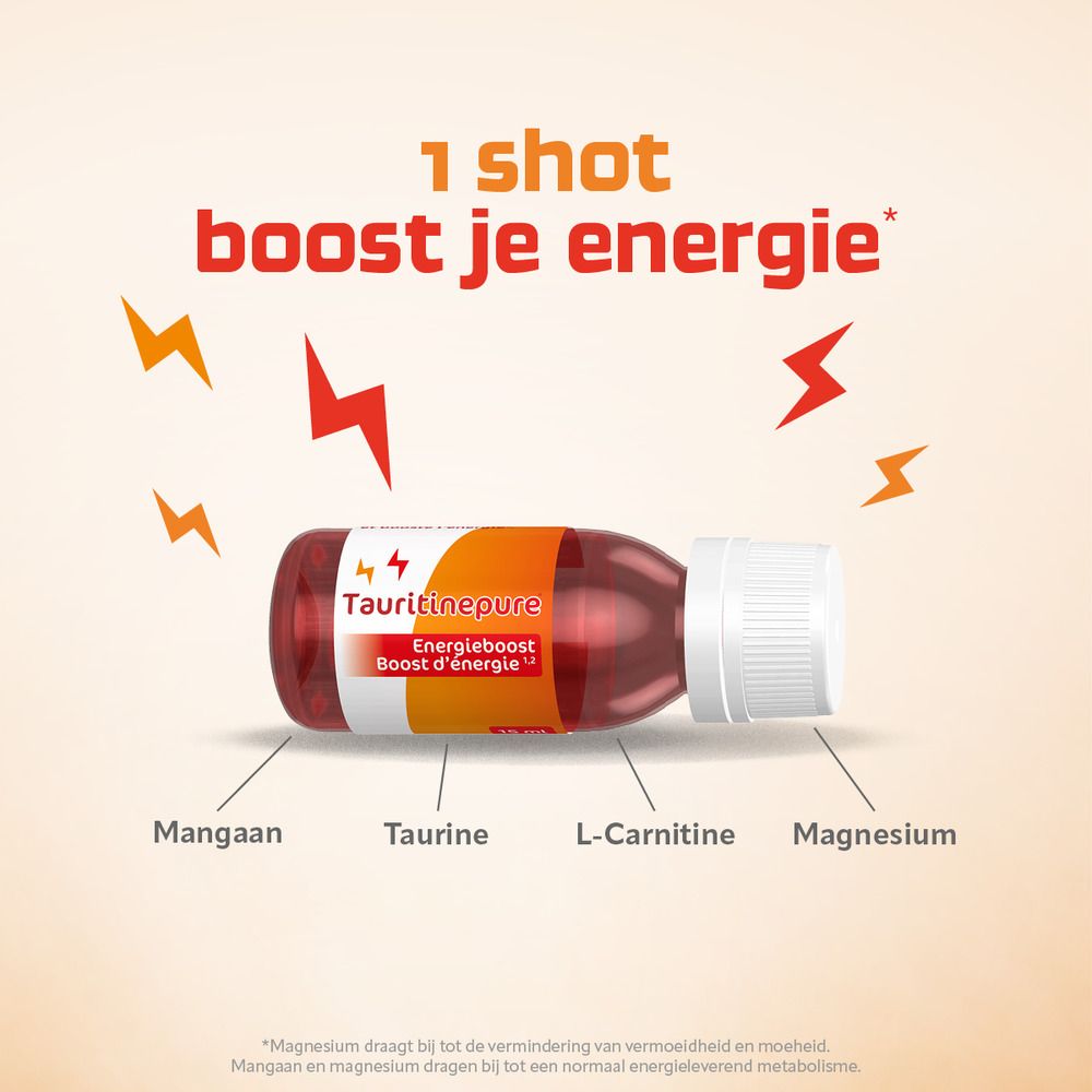 Flesje Tauritinepure met tekst. Opschriften: Mangaan, Taurine, L-Carnitine, Magnesium. Oranje achtergrond.