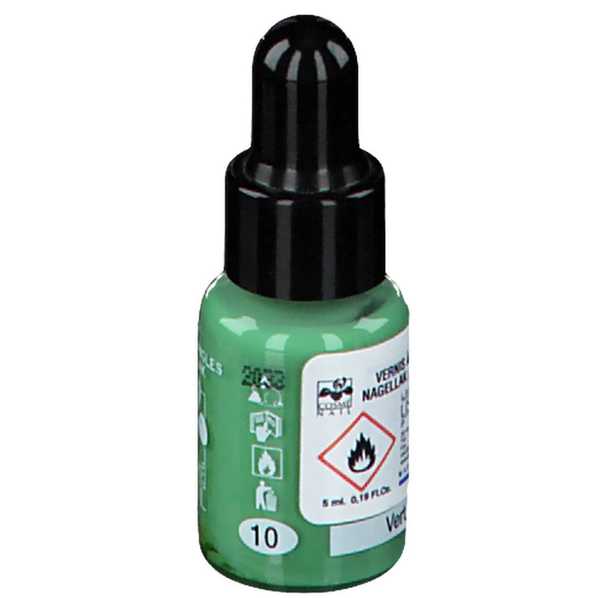 Groene nagellakfles met zwarte dop. Opschrift: Nagellack. Waarschuwing. Kleur: lichtgroen.