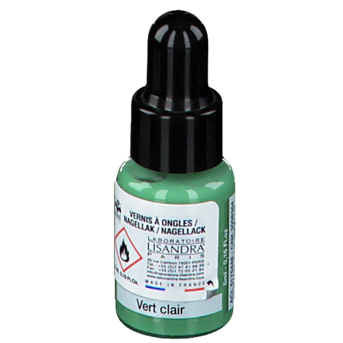 Groene nagellakfles met zwarte dop. Opschrift: Lisandra, Vert clair. Waarschuwing. 5ml.