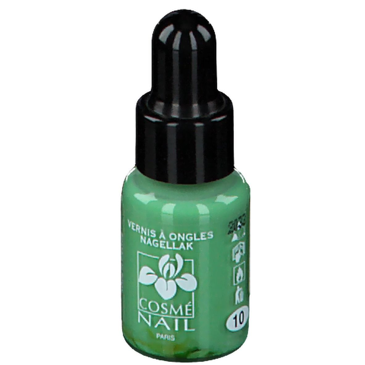 Groene nagellakfles met zwarte dop. Opschrift: Cosmé Nail Paris. Kleur: lichtgroen. Nummer 10.