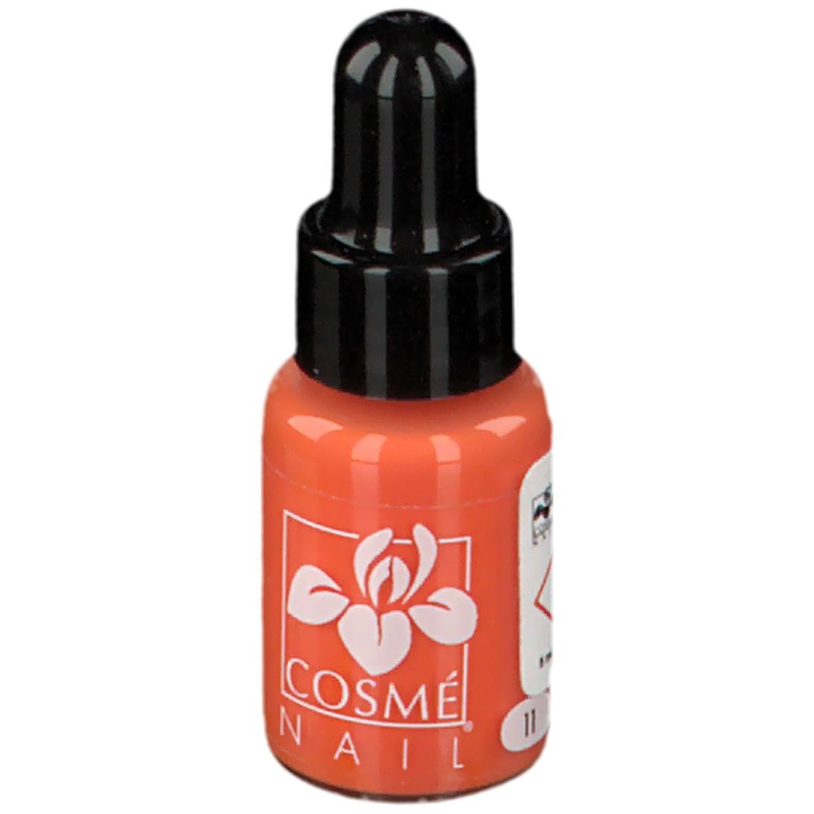 Oranje nagellakflesje met zwarte dop. Opschrift: COSMÈ NAIL. Kleur 11.