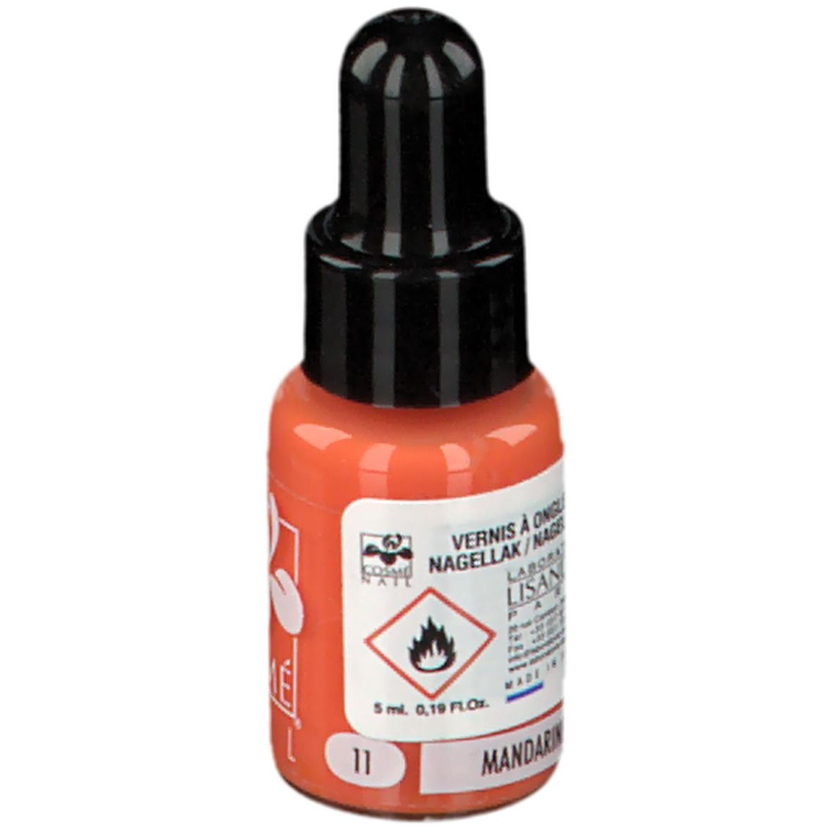 Oranje nagellakflesje, zwarte dop. Opschrift: COSMÈ NAIL, Vernis á Ongle. Kleur 11, Mandarin.