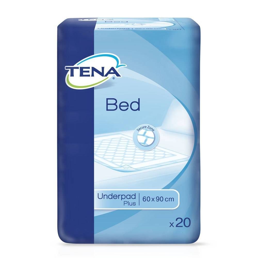 Emballage Tena Bed Plus. Film bleu avec image du produit. Inscription : Tena, Bed, Underpad Plus 60x90 cm, x20.
