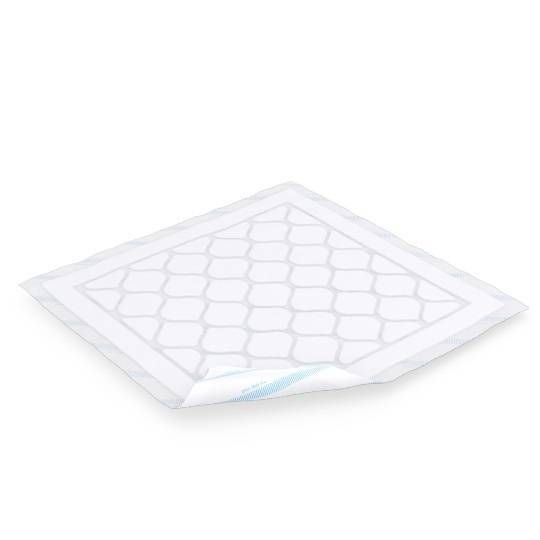 Protection d'incontinence carrée ouverte. Surface blanche avec motif. Bord bleu.