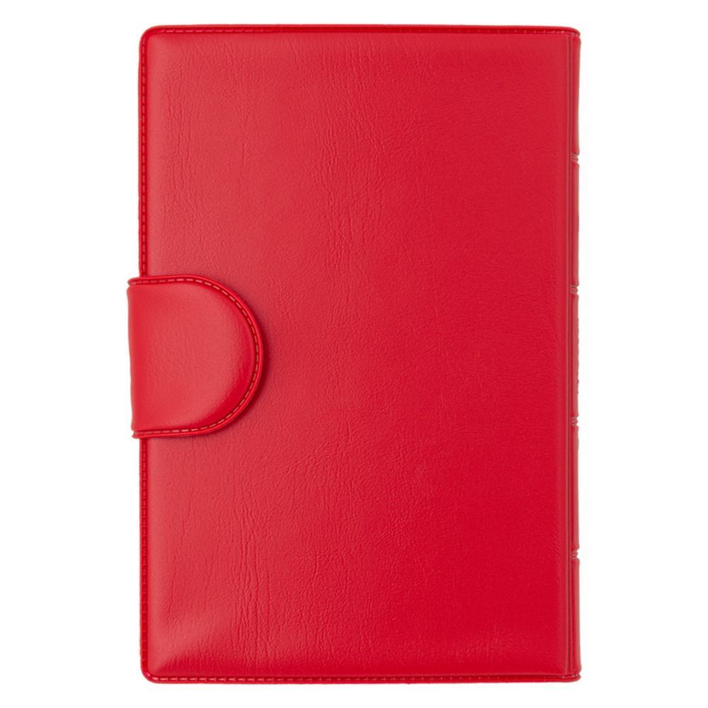 Rode, rechthoekige etui met afgeronde flap. Gesloten. Close-up.