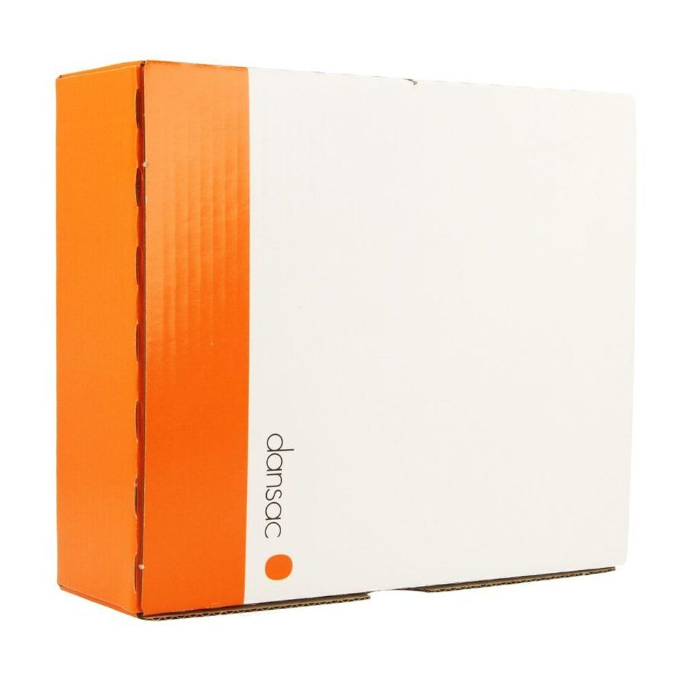 Emballage en carton blanc et orange. Logo "dansac" visible.