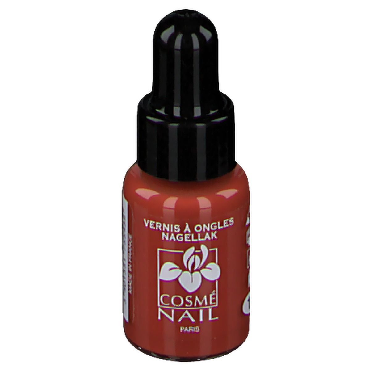 Nagellakflesje met zwarte dop. Opschrift: Cosmé Nail Paris. Kleur: Lichtbruin.