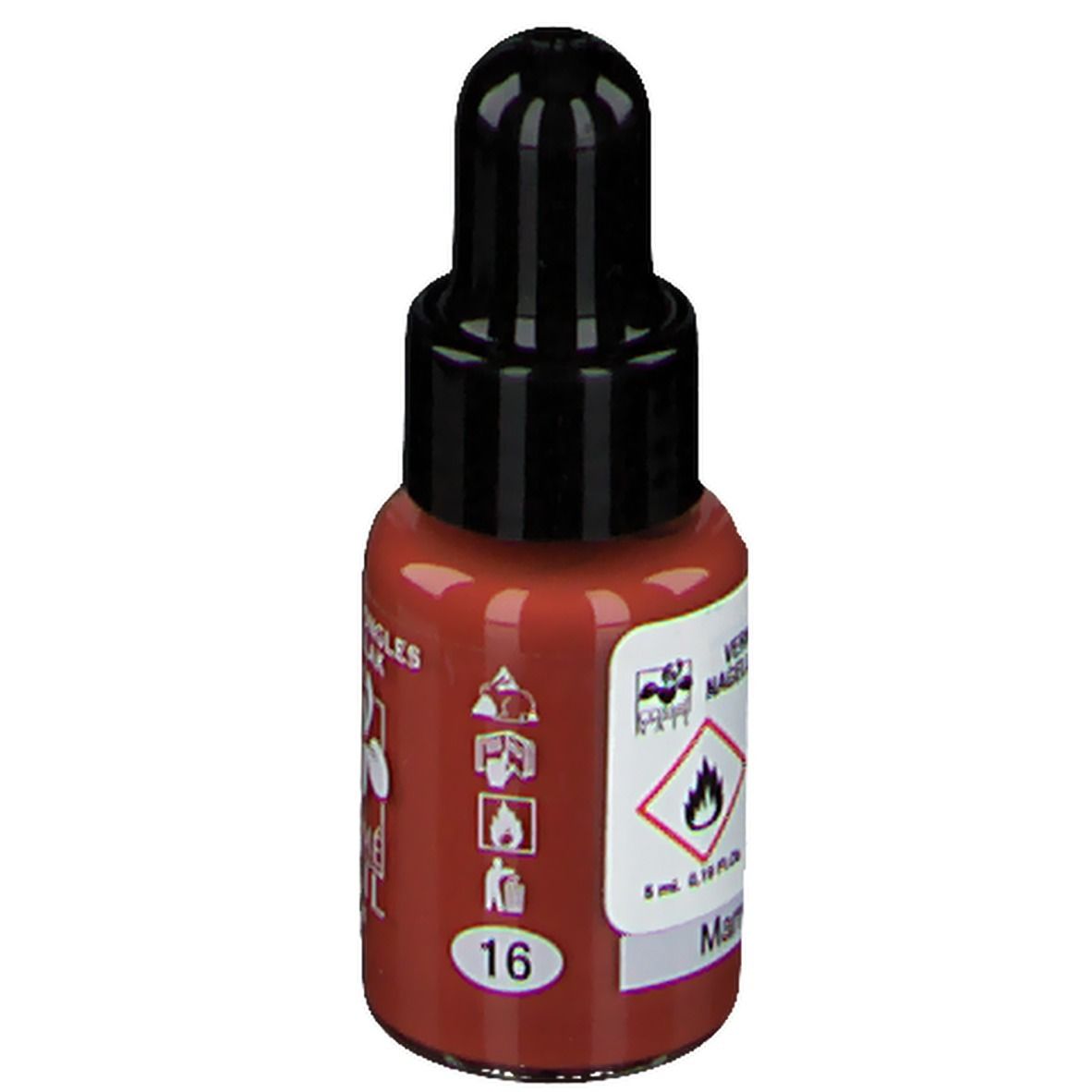 Nagellakflesje met zwarte dop. Opschrift: Nagellack. Kleur: Lichtbruin. Nummer 16.