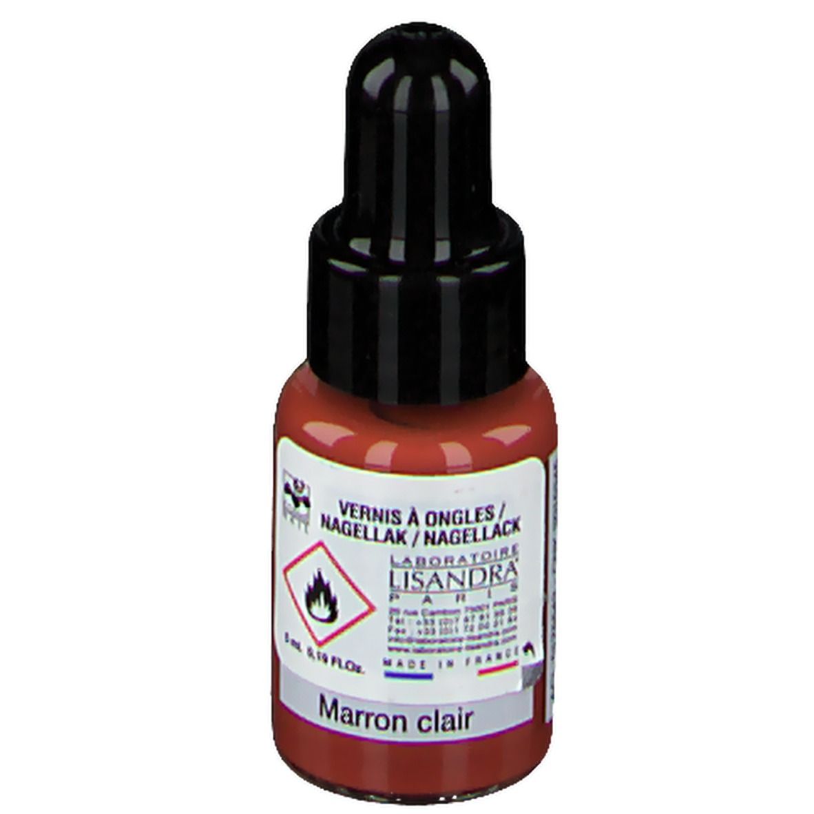Nagellakflesje met zwarte dop. Opschrift: Nagellack/Marron clair. Merk: Lisandra Paris. Waarschuwing.