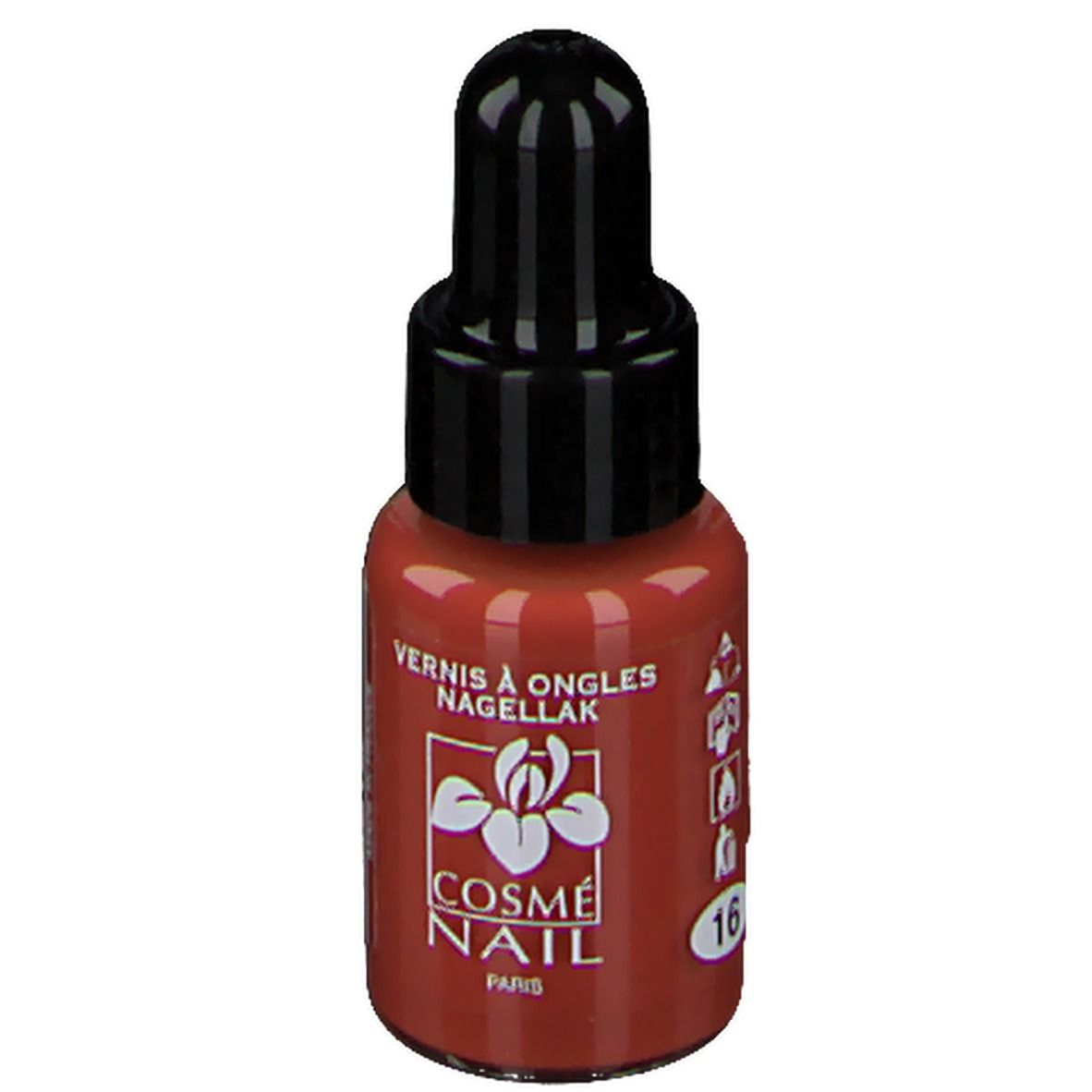 Nagellakflesje met zwarte dop. Opschrift: Cosmé Nail Paris. Kleur: Lichtbruin. Nummer 16.