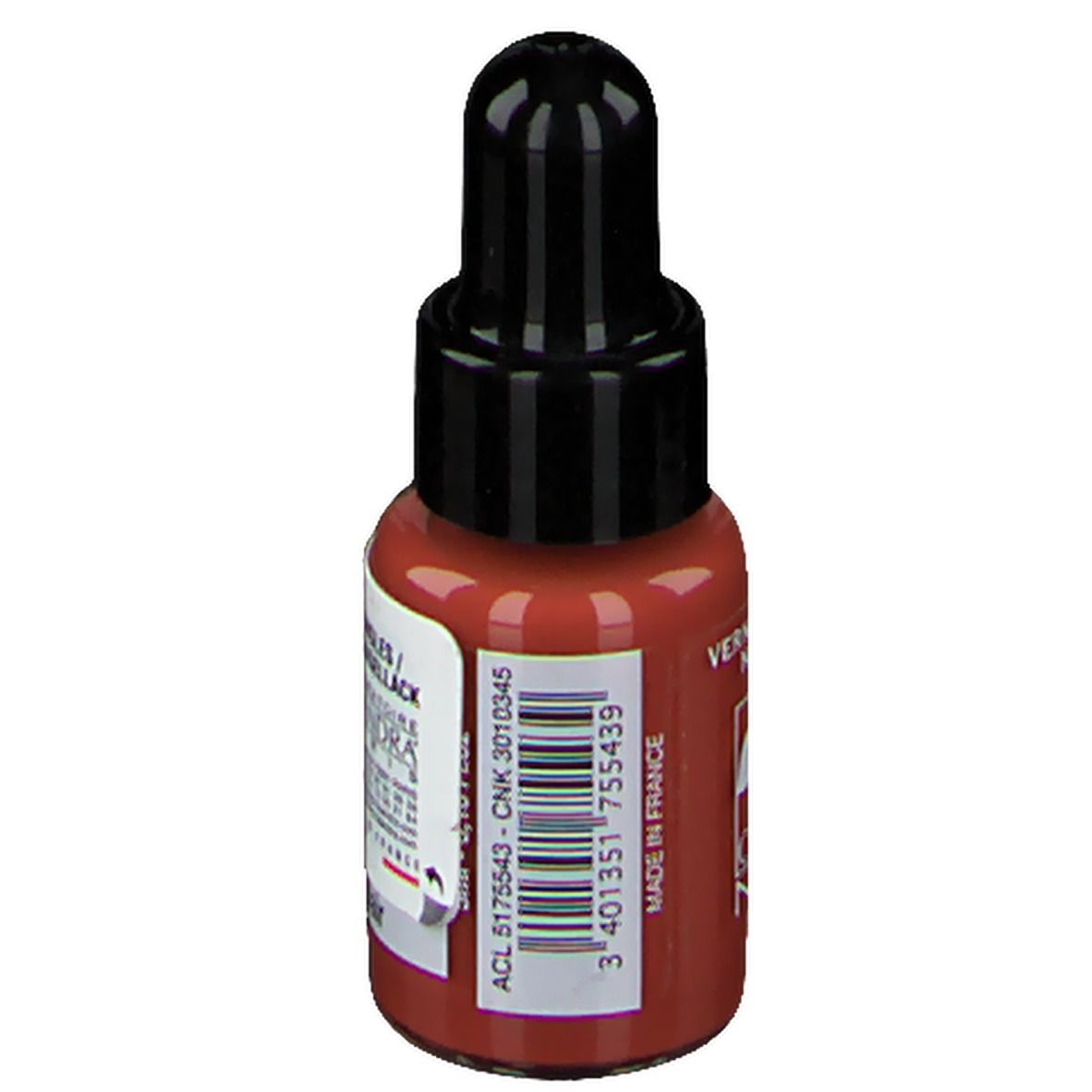 Nagellakflesje met zwarte dop. Opschrift: Nagellack. Streepjescode en tekst: Made in France. ACL-code.