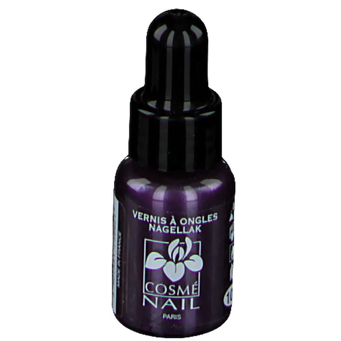 Flacon de vernis à ongles. Couleur violette, bouchon noir. Inscription: Cosmé Nail, Paris. Perlviolett.