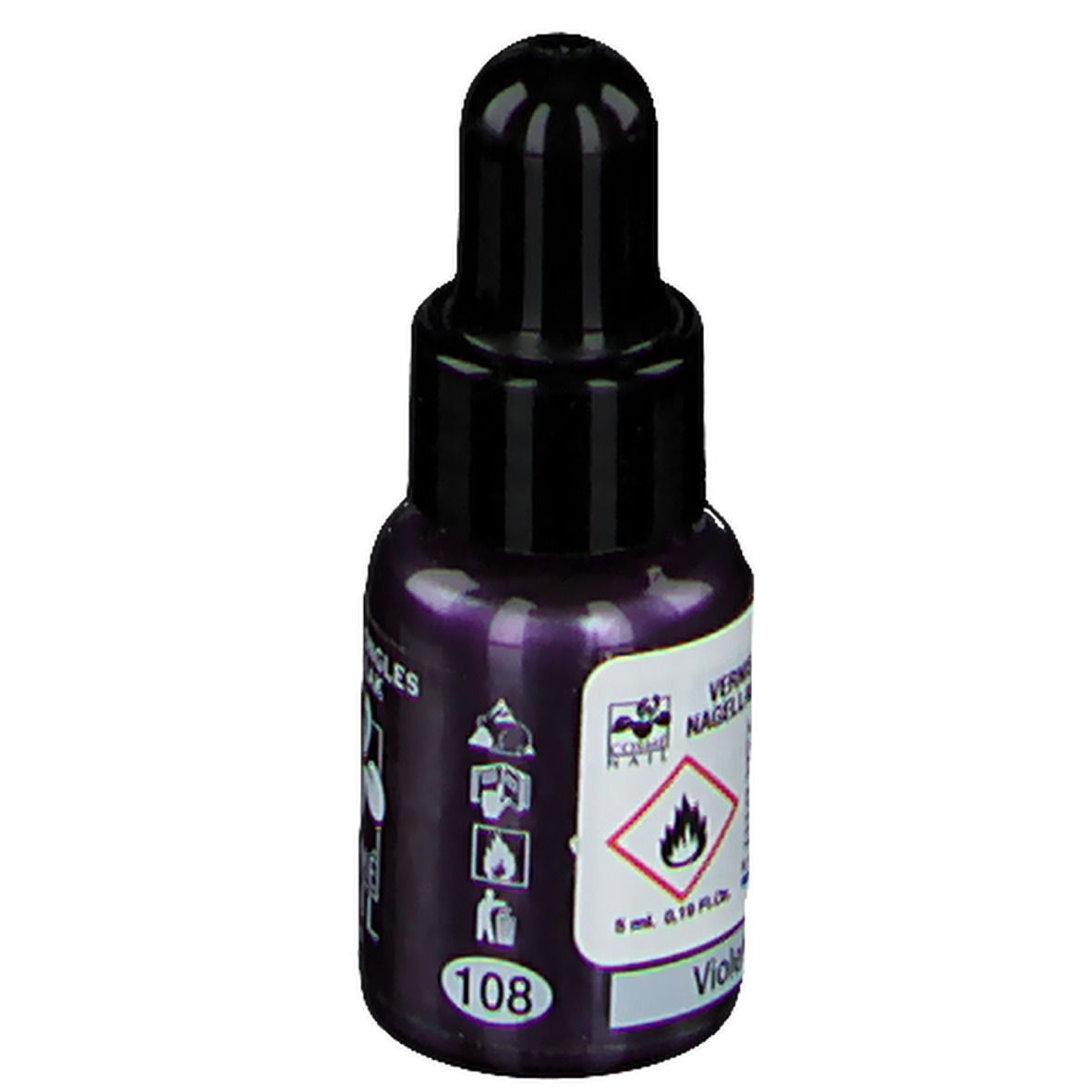 Flacon de vernis à ongles, violet. Bouchon noir. Inscription: 108, Violet. Avertissement. 5 ml.
