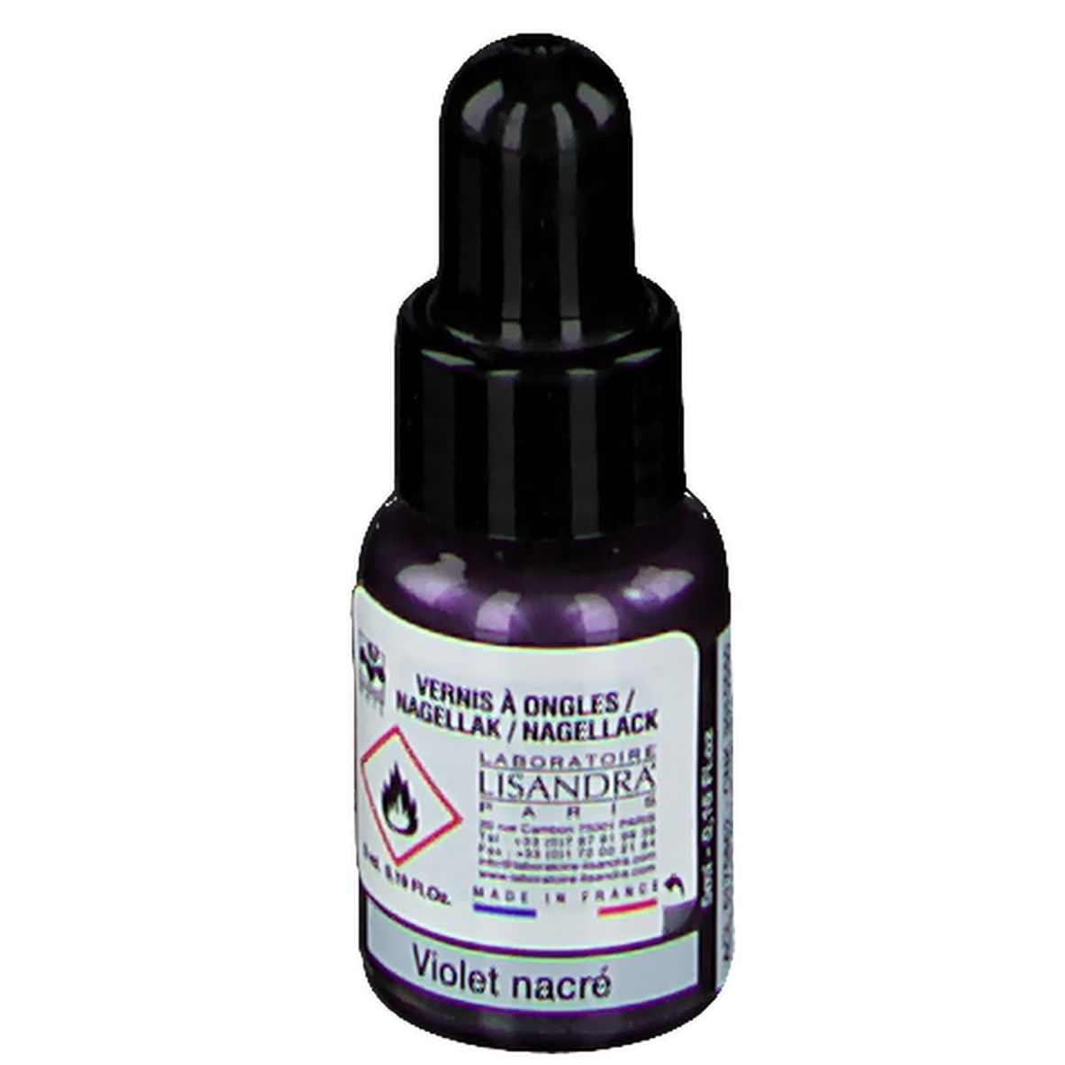 Flacon de vernis à ongles, violet. Bouchon noir. Inscription: Violet nacré. Laboratoire Lisandra Paris. 5 ml.