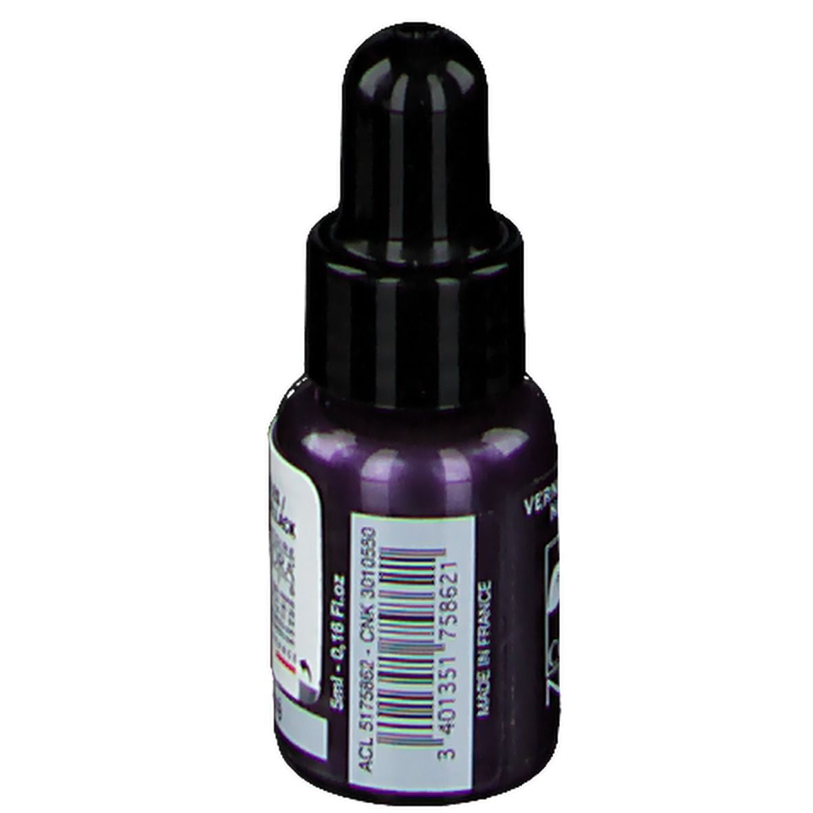 Flacon de vernis à ongles, violet. Bouchon noir. Inscription: 5ml - 0,16 Fl.oz. Made in France. Code-barres.