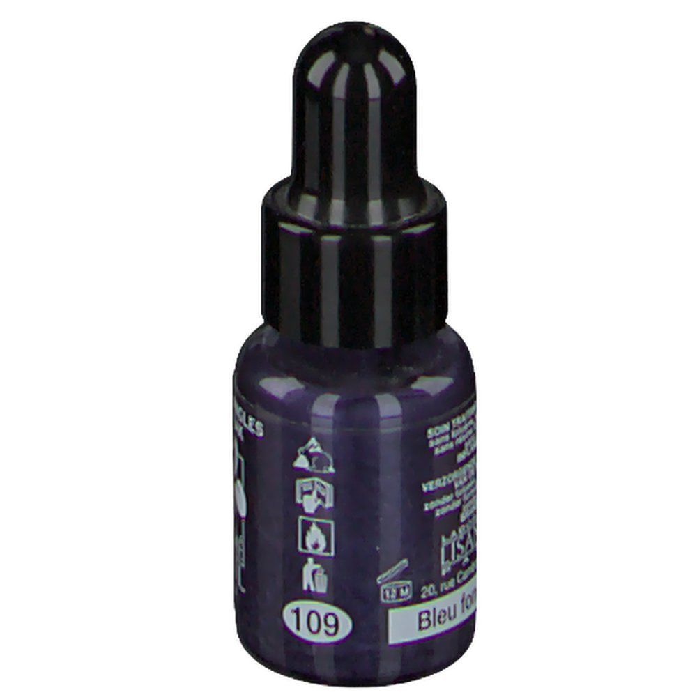 Flacon de vernis à ongles bleu foncé avec bouchon noir. Inscription: 109, Bleu foncé. Pictogrammes.