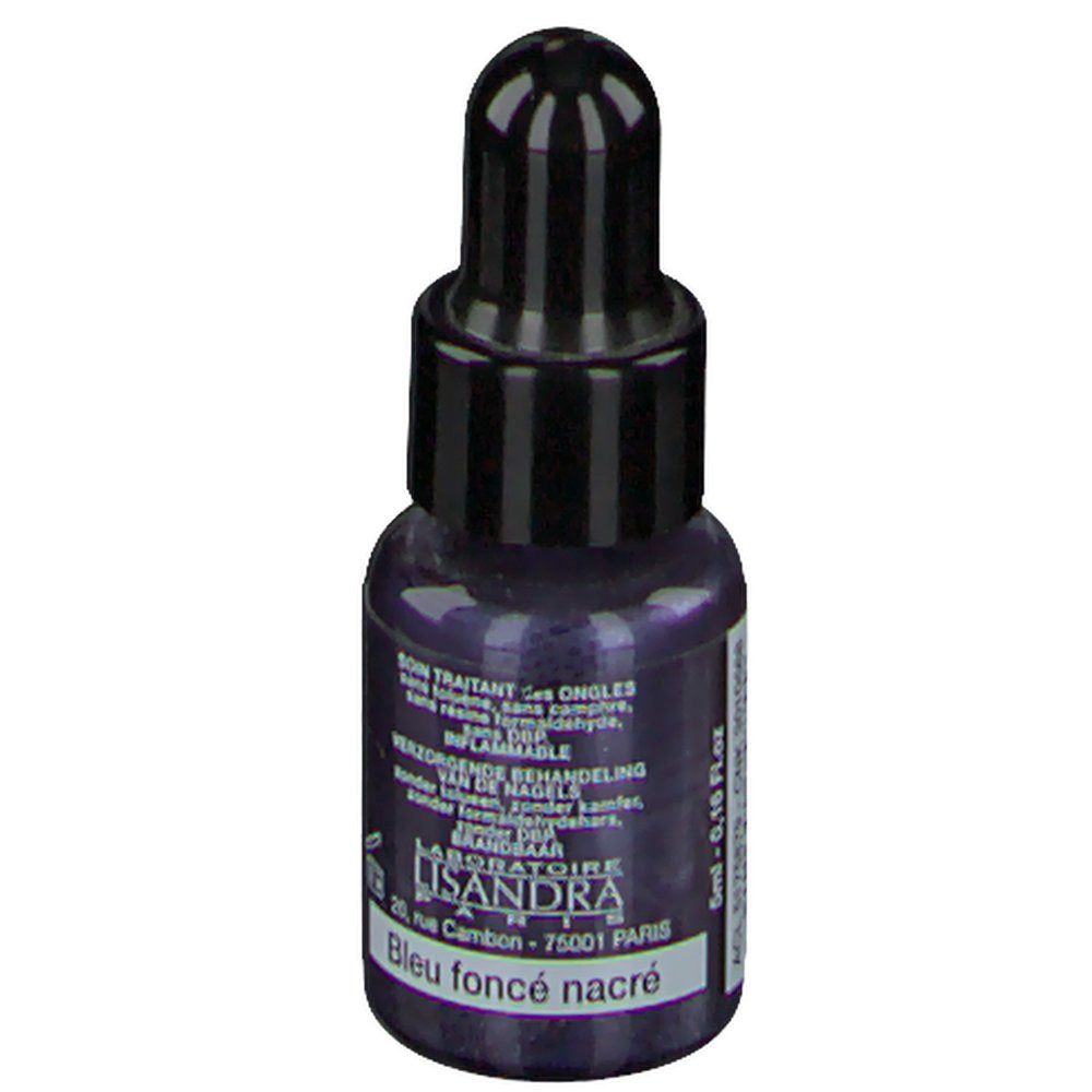 Flacon de vernis à ongles bleu foncé nacré avec bouchon noir. Inscription: Bleu foncé nacré. Laboratoire Lisandra Paris.