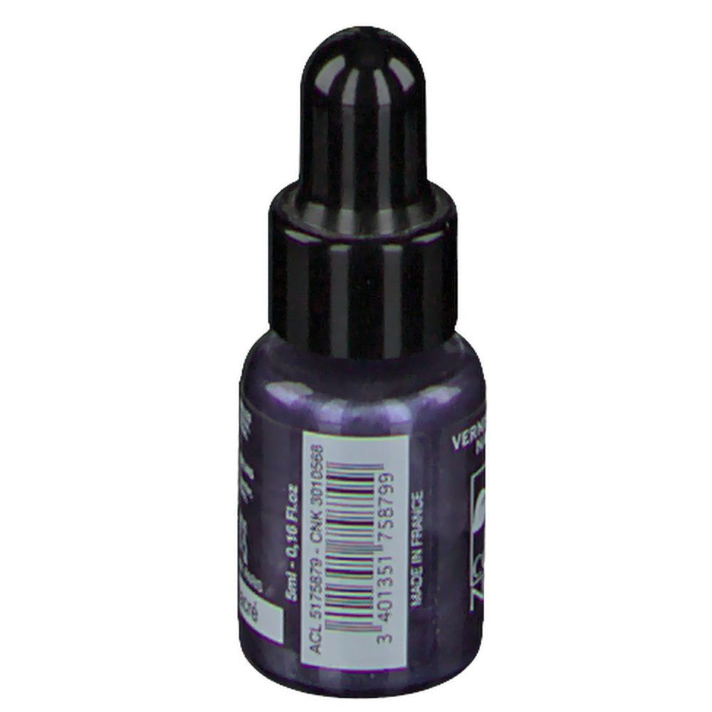 Flacon de vernis à ongles bleu foncé avec bouchon noir. Inscription: 5ml - 0.16 Fl.oz. Code-barres et Made in France.