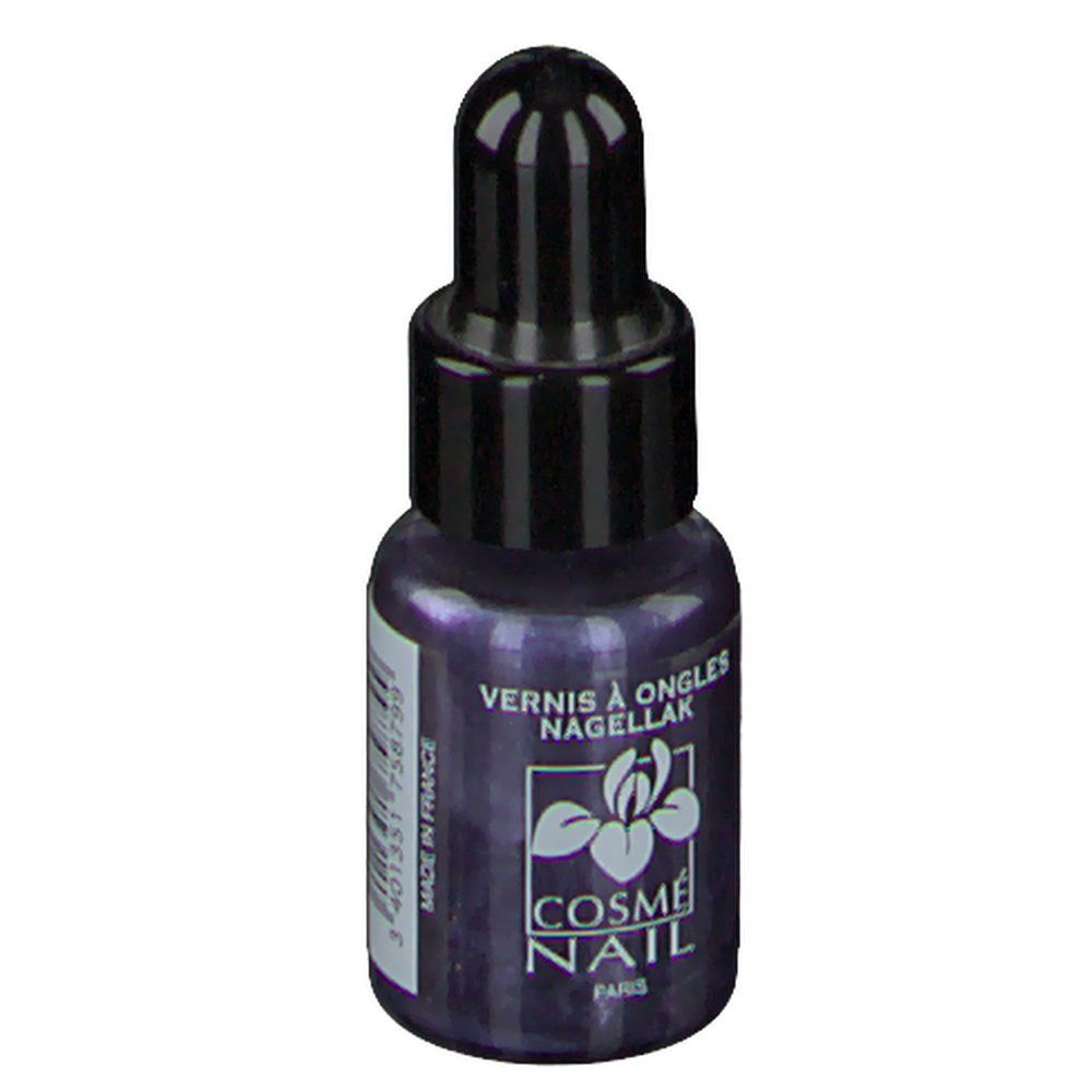 Flacon de vernis à ongles bleu foncé avec bouchon noir. Inscription: Vernis à Ongles, Nagellak. Cosmé Nail Paris.