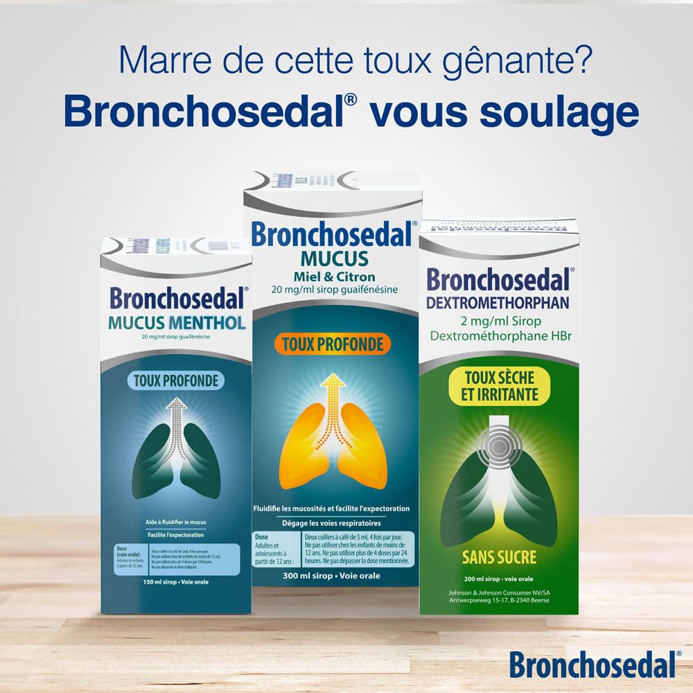 Trois emballages de produits. Bronchosedal, Mucus, Miel & Citron, Dextromethorphan.
