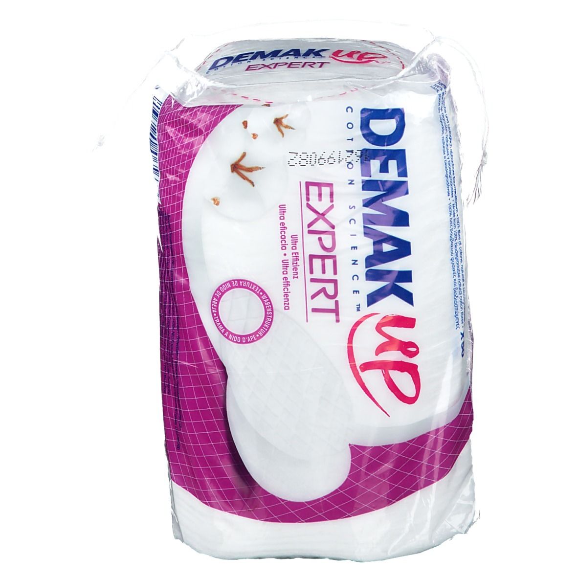 Paquet Demak'Up Baumwoll-Pads Duo. Pads en film. Texte: 'Expert', 'Cotton Science', 'Ultra efficace'.