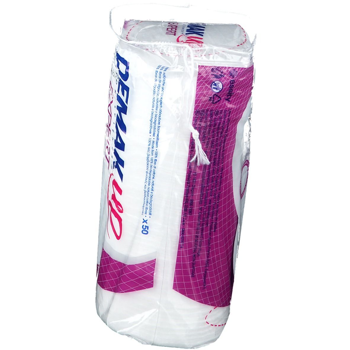 Paquet Demak'Up Baumwoll-Pads Duo. Pads en film. Texte: 'Expert', 'Cotton Science', 'Ultra efficace'.