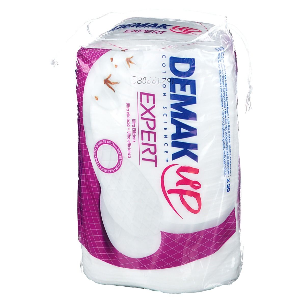 Paquet Demak'Up Baumwoll-Pads Duo. Pads en film. Texte: 'Expert', 'Cotton Science', 'Ultra efficace'.