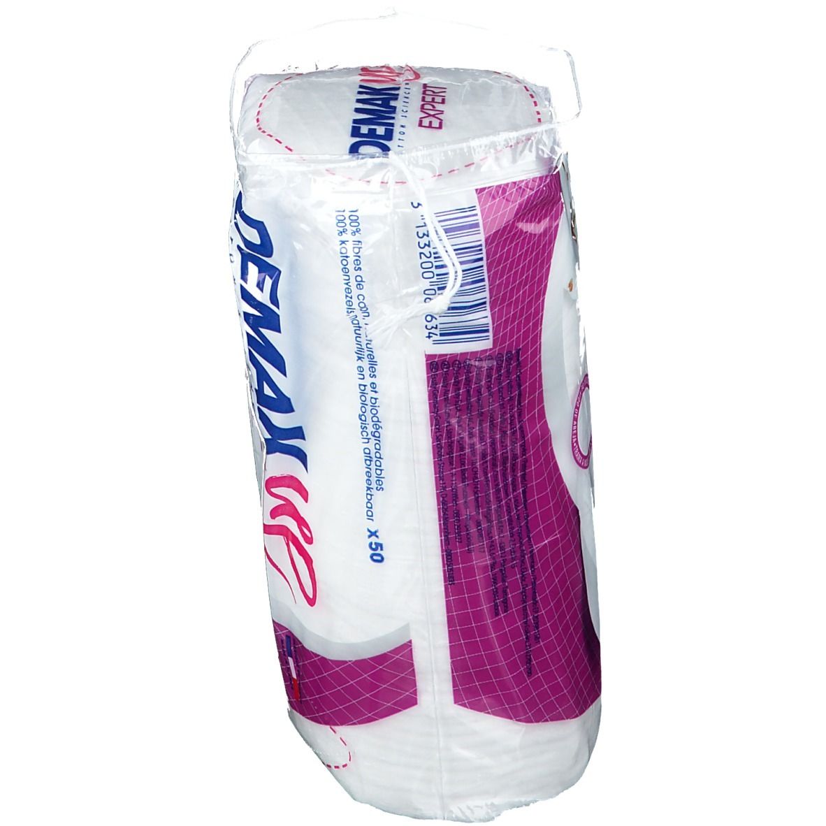 Paquet Demak'Up Baumwoll-Pads Duo. Pads en film. Texte: 'Expert', 'Cotton Science', 'Ultra efficace'.