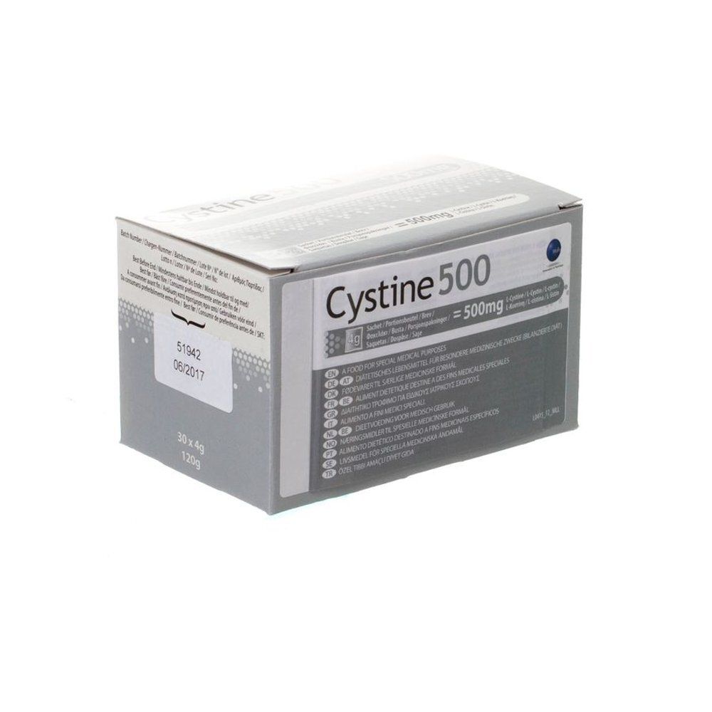 Boîte de poudre Vitaflo Cystine 500 4G, 500mg par sachet, avec texte français.