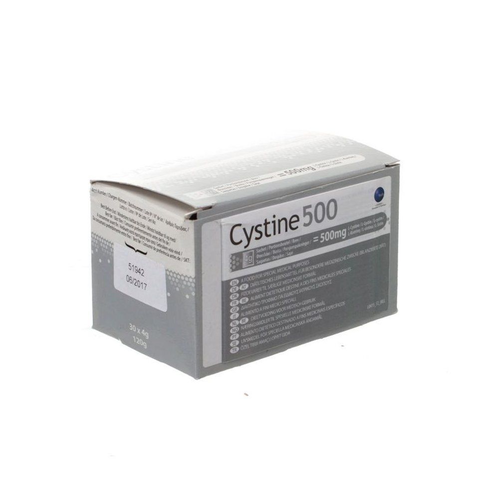 Boîte de poudre Vitaflo Cystine 500 4G, 500mg par sachet, avec texte français et date de péremption.