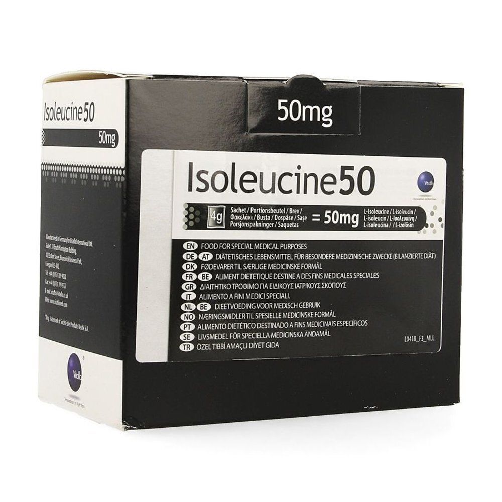 Boîte noire avec étiquette blanche. Inscription : Isoleucine50, 50mg. Textes multilingues : « Food for special medical purposes ».
