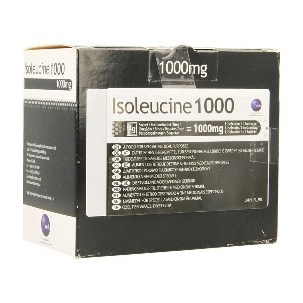 Zwarte doos met opschrift Isoleucine 1000, 1000mg. Bevat informatie voor medische doeleinden.
