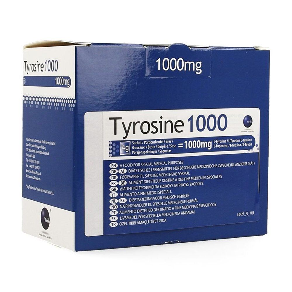 Blauw-witte kartonnen verpakking met "Tyrosine 1000". Bevat 4g poeder. Meertalige tekst, waaronder Duits en Frans.