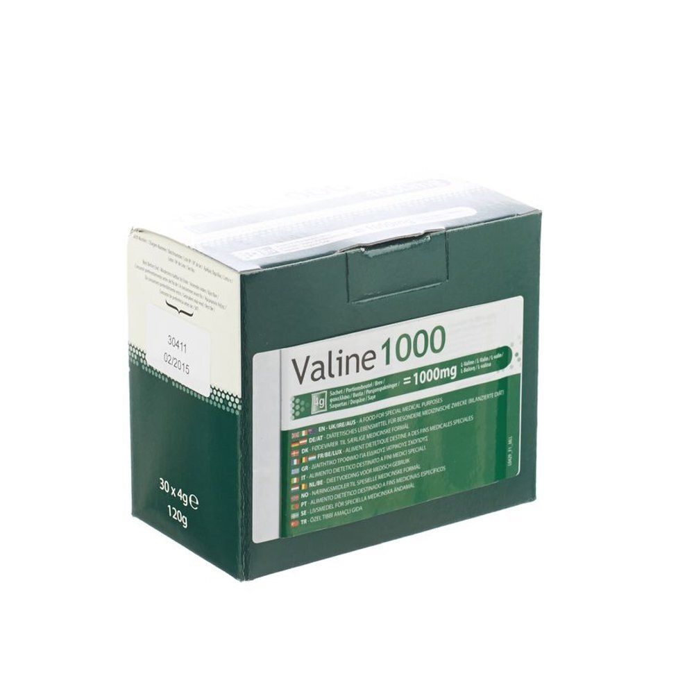 Groene doos met wit etiket. Opschrift: Valine 1000, 30x4g, 120g. Bevat informatie in meerdere talen.