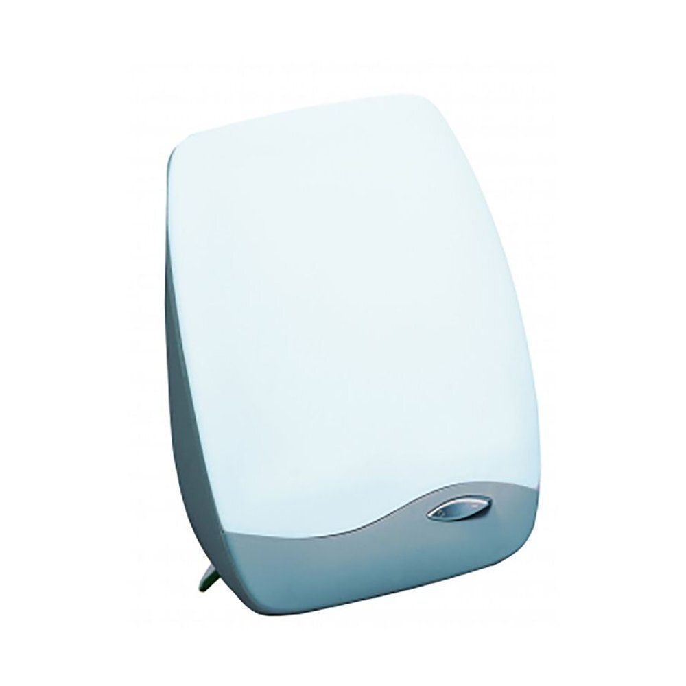 Helder, ovaal apparaat met grijze basis en knop. Licht gekanteld op een kleine voet.