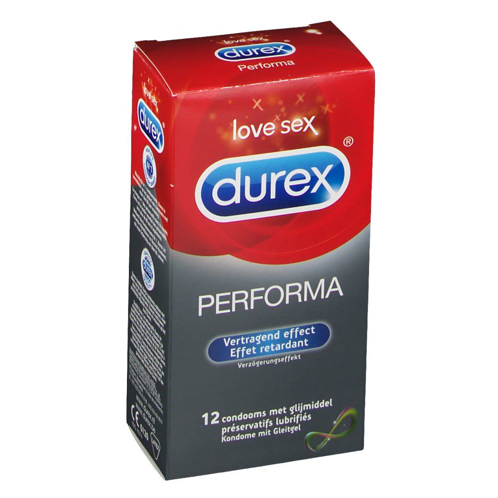 Durex Performa verpakking. Rode en grijze doos met logo en productnaam. 12 condooms met glijmiddel.