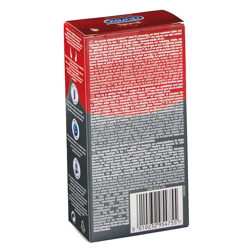 Achterkant van de Durex Performa verpakking. Meertalige tekst, barcode en CE-markering.