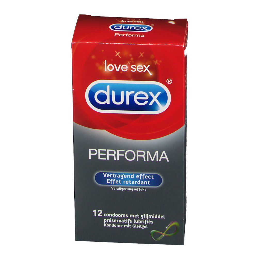 Durex Performa verpakking. Rode en grijze doos met logo en productnaam. 12 condooms.