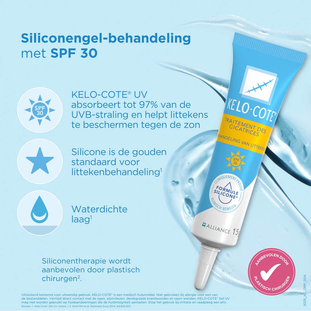 KELO-COTE® UV: Beschermt en hydrateert het litteken. Voor nieuwe en oude littekens.