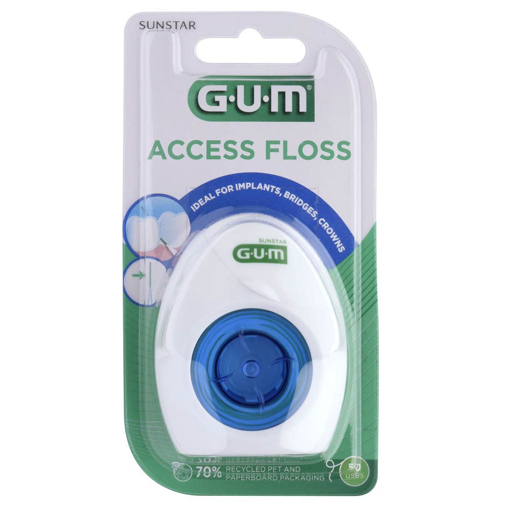 Distributeur de fil dentaire G.U.M Access Floss, blanc et bleu, en emballage blister. 70% recyclé.
