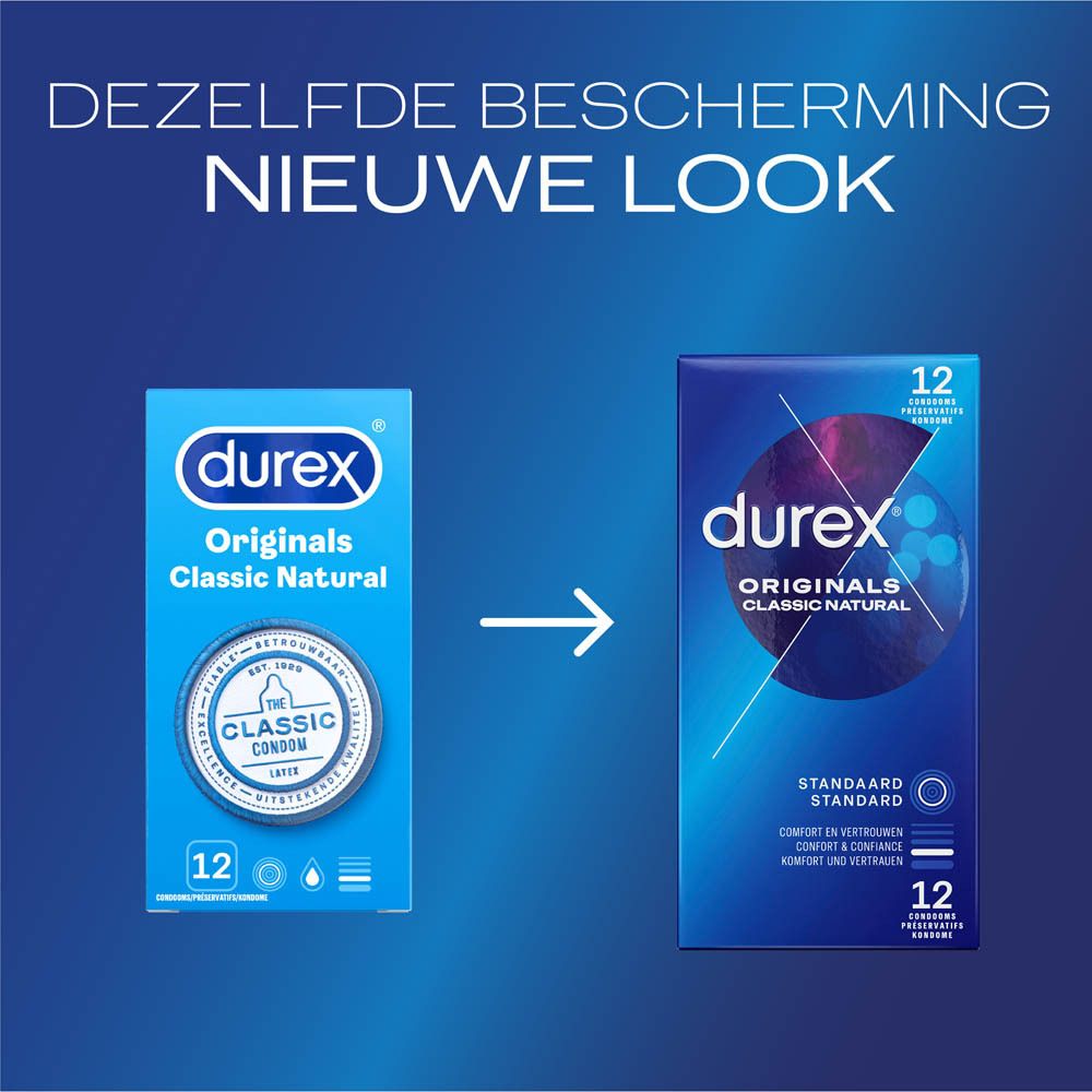 Vergelijking van Durex Classic Natural verpakkingen. Nieuwe en oude designs. 12 stuks.