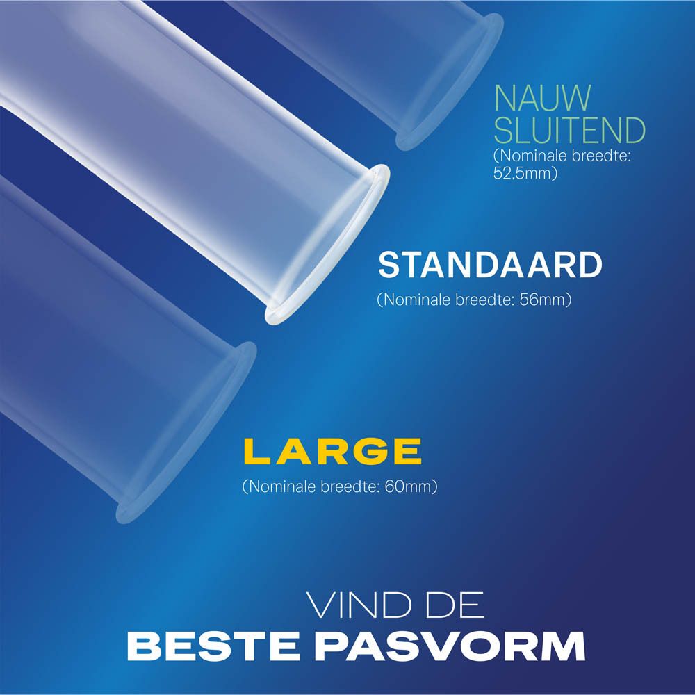 Durex condoommaten: nauwsluitend, standaard, large. Grafische weergave.
