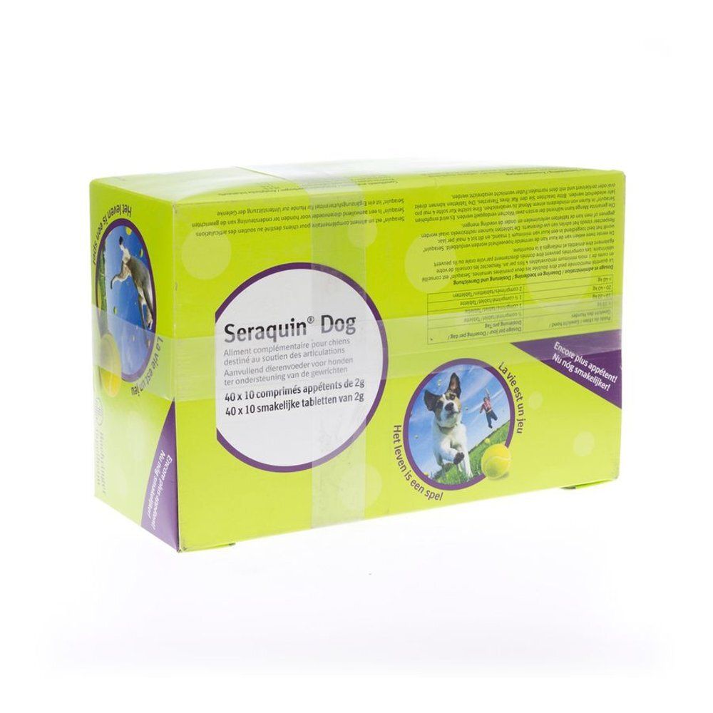 Boîte verte Seraquin Dog. Images d'un chien et d'une balle jaune. Texte multilingue. Contient 40 comprimés.