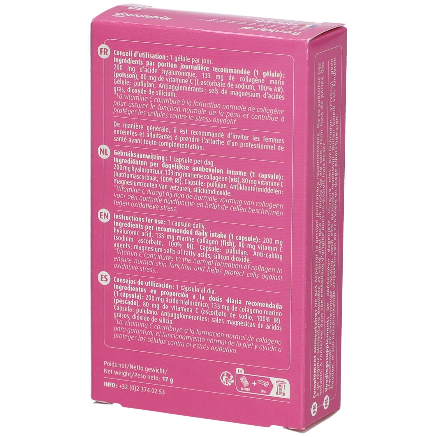 Achterkant van de roze doos "Ortho Hyalurotop 200". Meertalige tekst. Nettogewicht: 17 g.